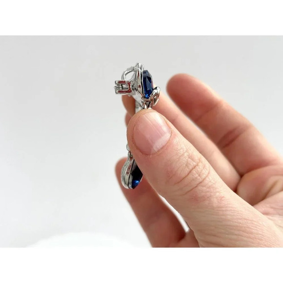 XL Blue & Iridescent Rhinestone Silver Toned Double Fox Large Dangle Brooch - Picture 8 of 8